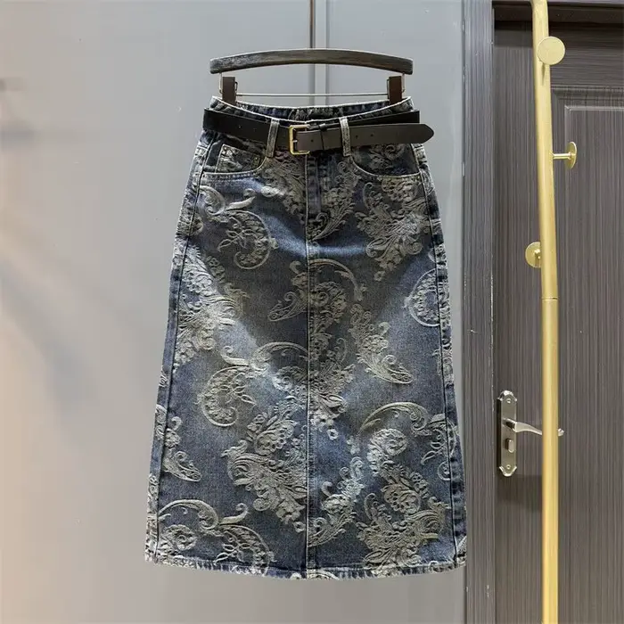 Jupe en jean taille haute en Jacquard rétro pour femmes