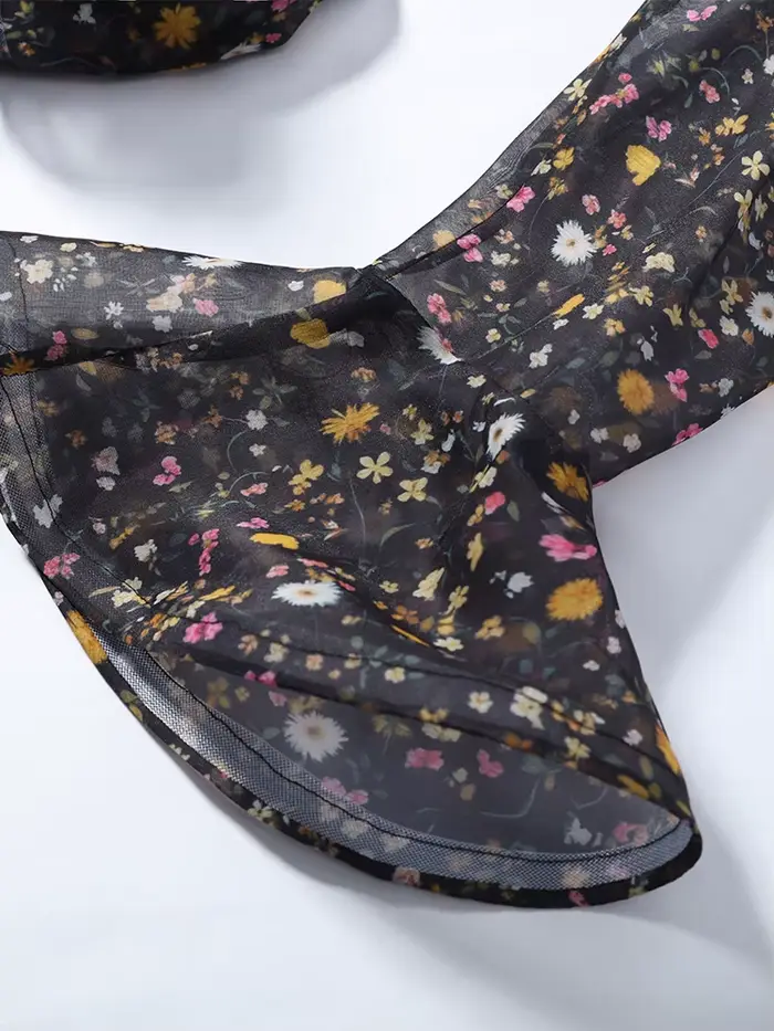 Robe de soirée imprimée pour femmes avec manches longues évasées, silhouette cintrée, lacets et volants en cascade pour occasions spéciales