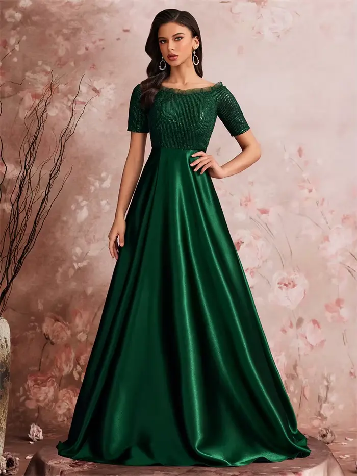 Robe de soirée de luxe en satin vert col en V pour femmes soirées officielles mariages bals cocktail épaules dénudées