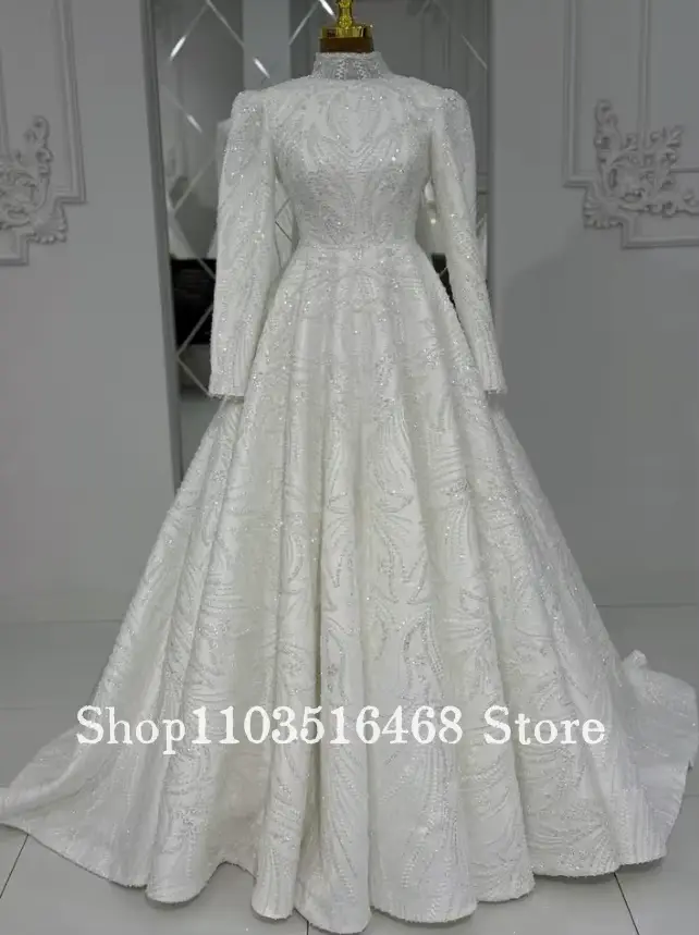 Robe de mariée musulmane personnalisée blanche à manches longues