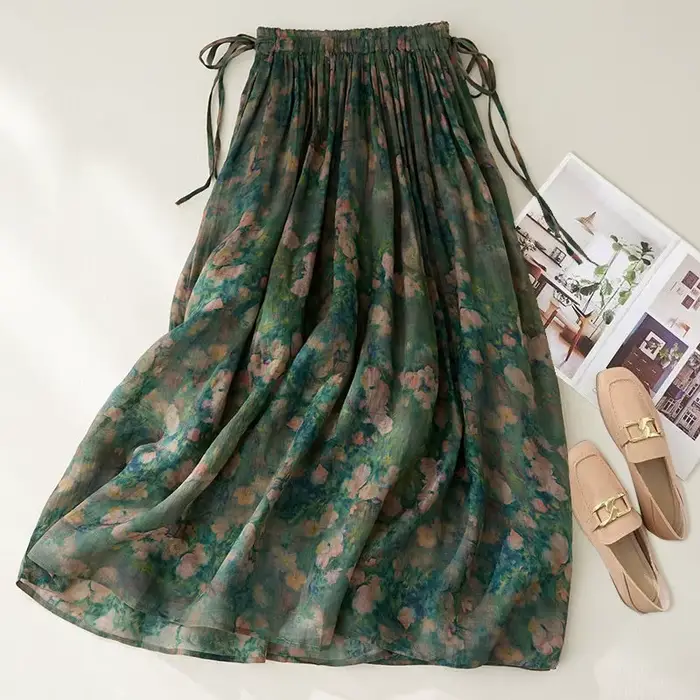 Jupe longue imprimée Vintage en polyester et coton, motif floral, taille élastique, style décontracté, fluide, littéraire, artistique, pour femmes, toutes saisons, occassions spéciales