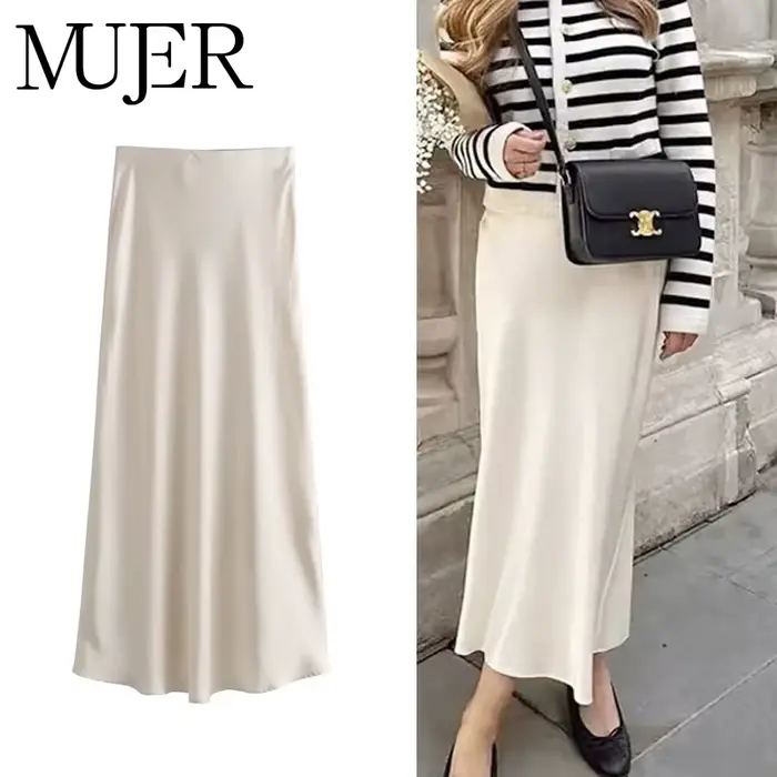 MUJER Satin jupes longues pour femmes drapé taille haute jupe Midi femme été droite