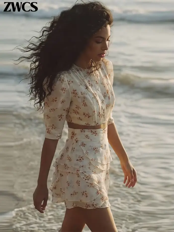Ensemble 2 pièces jupe courte à volants imprimé floral pour femme