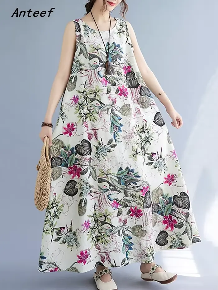 Robe longue décontractée maxi sans manches en coton et lin