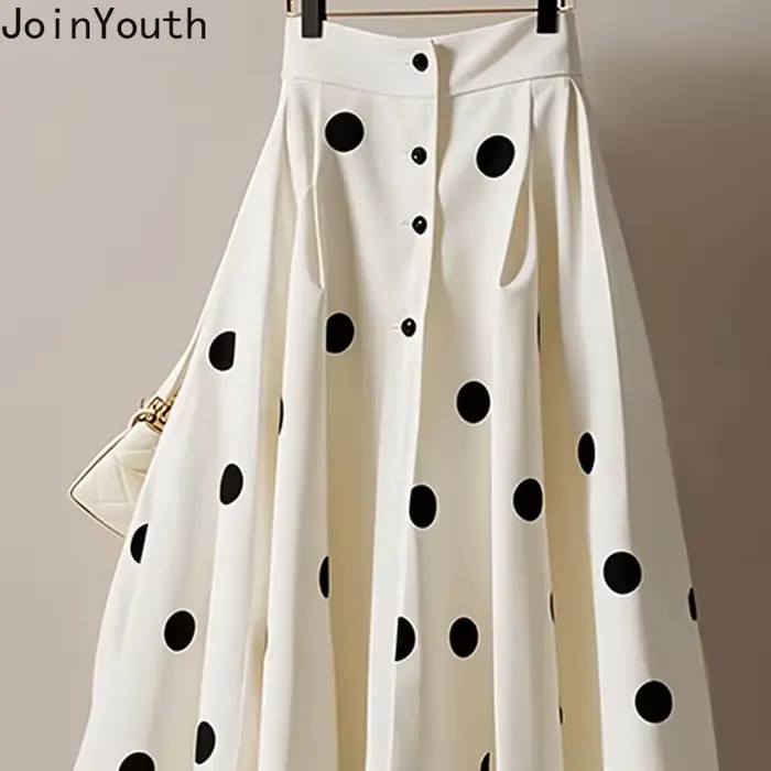 Jupe blanche à pois pour femmes 2025 Faldas Mujer De Moda taille haute a-ligne