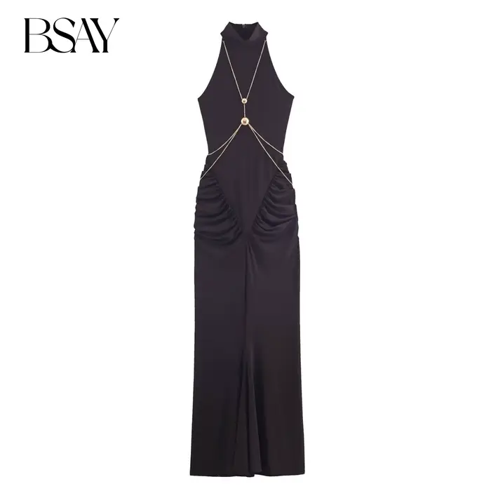 BSAY chaîne licou col robe femmes mode automne hiver nouveau sans manches élégant long gilet robes Chic femme soirée Mujer