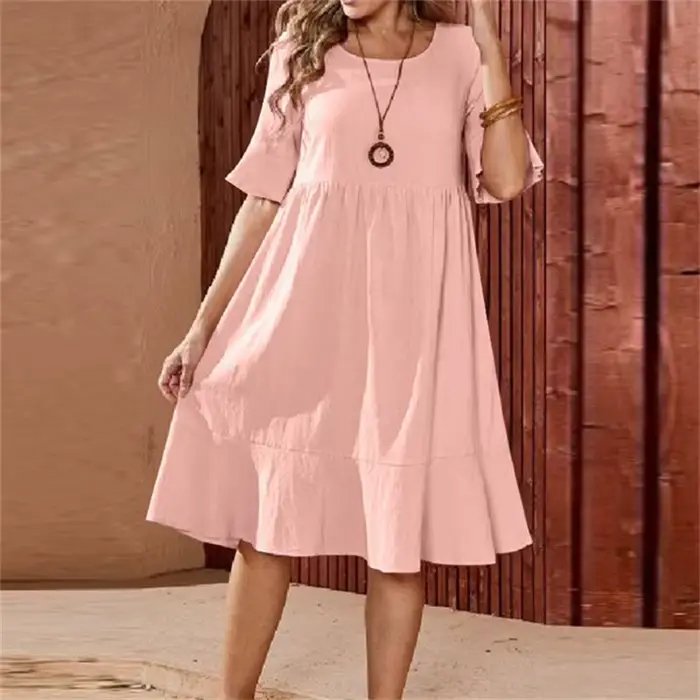 Jupe mi-longue classique ample pour femmes couleur unie polyester printemps décontractée plissée col rond évasée manches courtes occassions spéciales