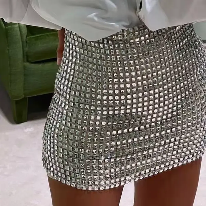 Été femmes paillettes mince a-ligne jupe dames Wrap hanche solide argent maille jupe femme décontrac