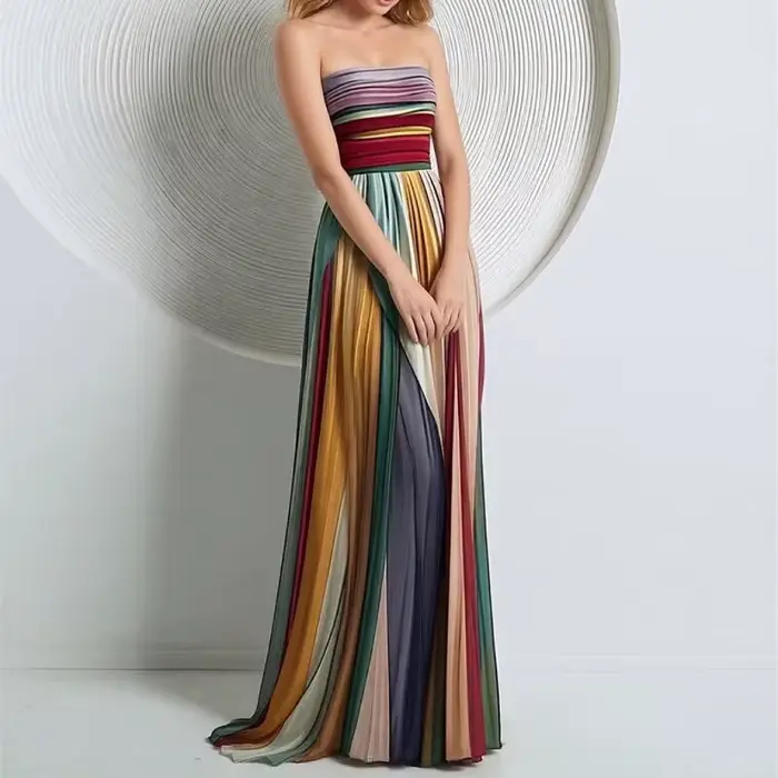 Nouvelle Robe Longue Plissée Imprimée Colorée Sexy et Élégante pour l'Été