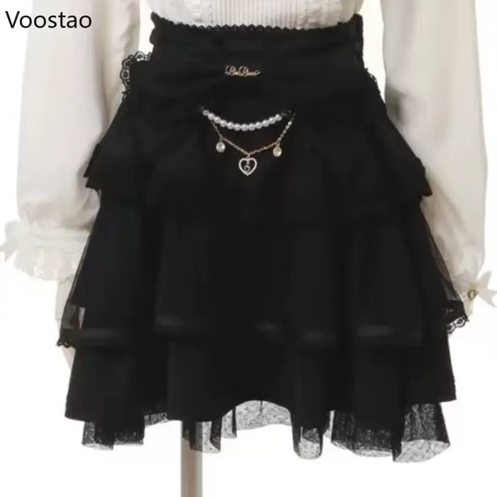 Mini jupe Lolita japonaise élégante avec nœud et chaîne de perles pour femmes, occasion spéciale gothique Y2K et dentelle