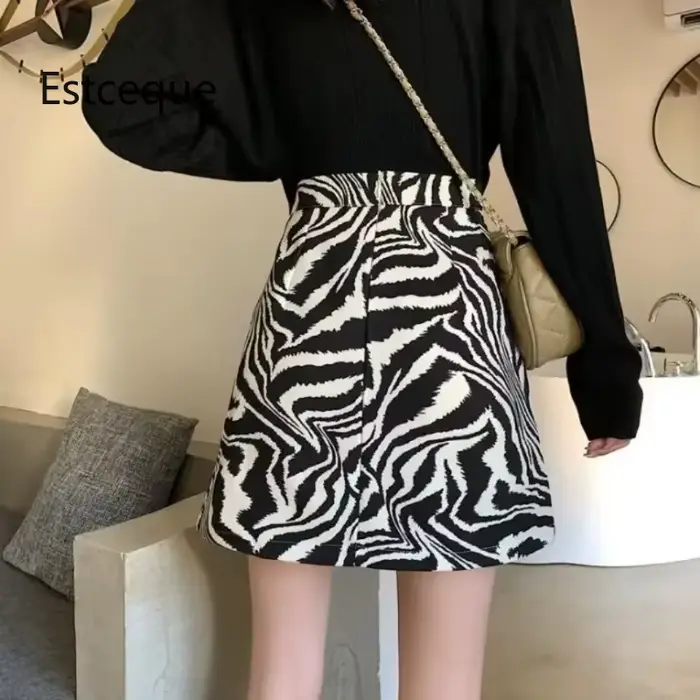 2025 coréen imprimé zèbre jupe Midi femmes automne nouvelle femme a-ligne taille haute jupes amples Vintage Mini