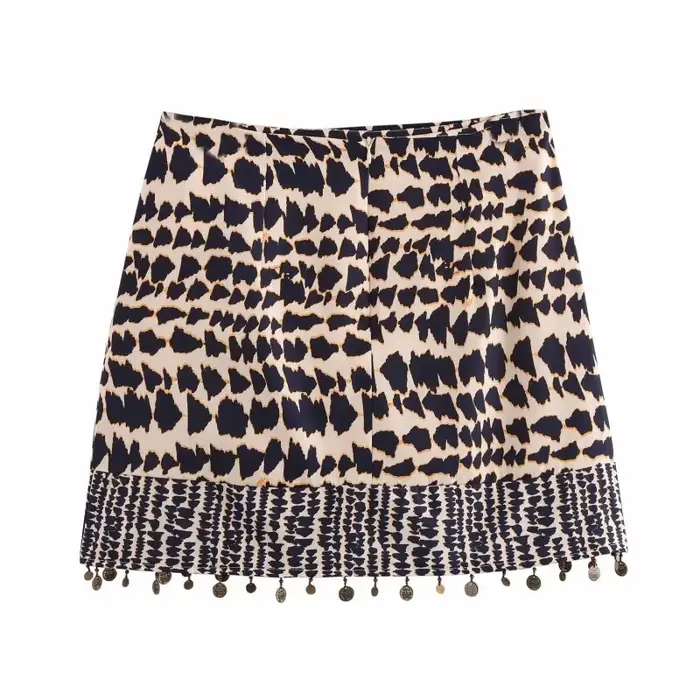 Jupe mini asymétrique sexy à imprimé léopard pour femme 2026 avec taille à nouer et ourlet à franges métalliques pour soirée et tenue de ville