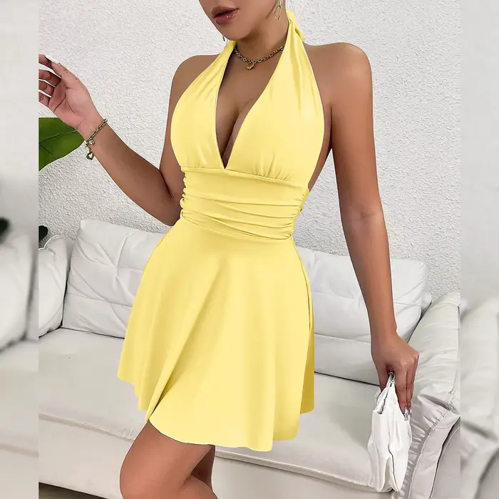 Robe licou dos nu en polyester pour femmes, col en V, sans manches, ajustée et facile à enfiler, pour les soirées, festivals et autres occasions spéciales