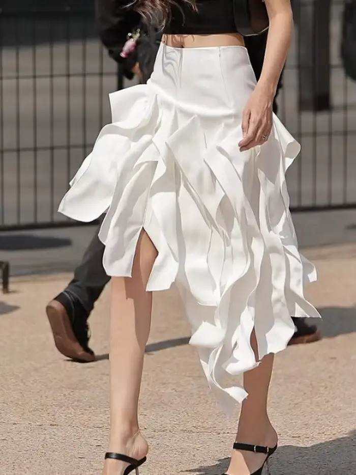 Nouvelle jupe asymétrique à volants cascade pour femme, taille haute, fermeture éclair, coupe ajusté