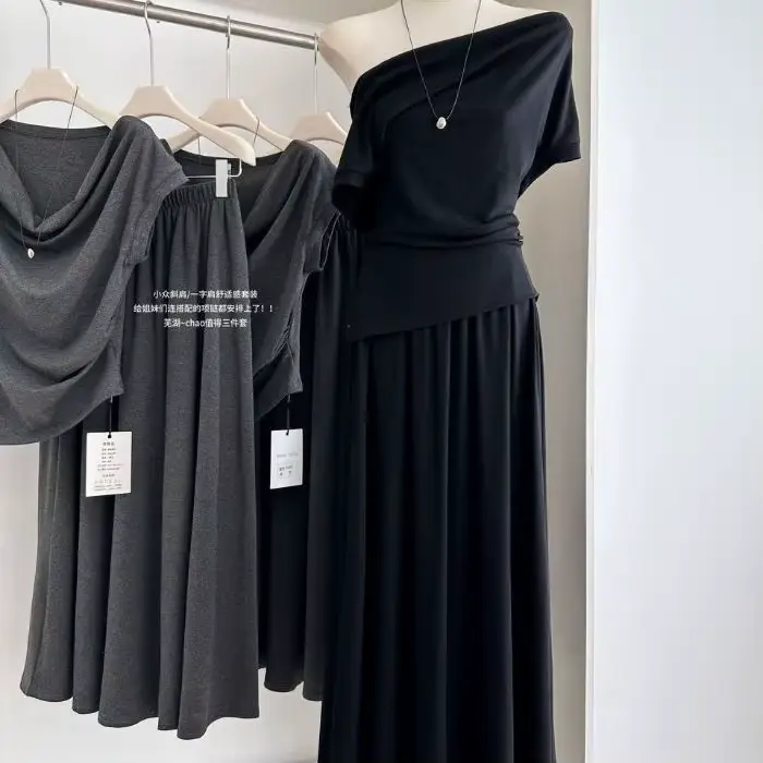 Ensemble deux pièces style coréen pour femme : haut asymétrique et jupe midi taille haute, coupe aju