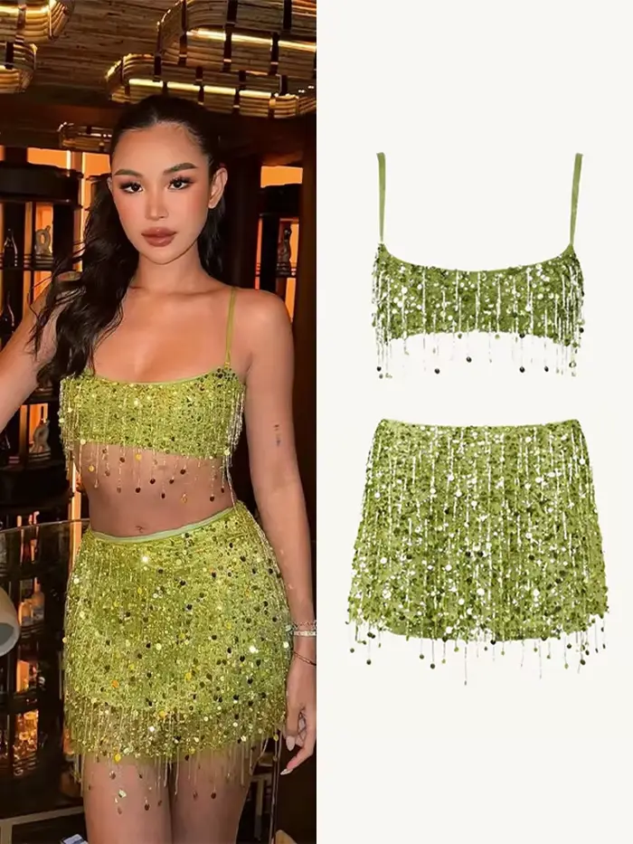 Tenue chic en polyester avec paillettes pour femmes, idéale pour les plages et festivals, élégante et polyvalente pour les occasions spéciales