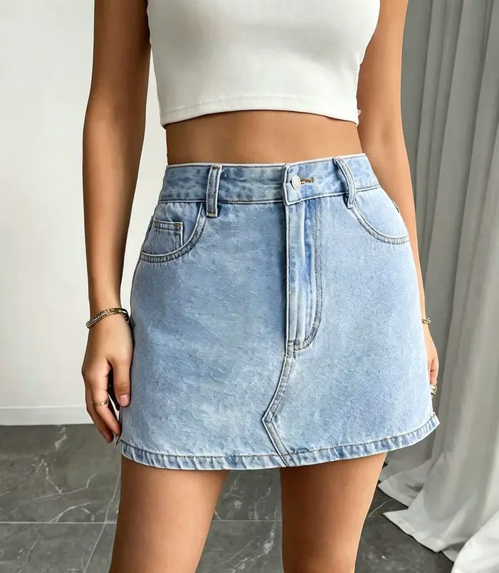 Jupe courte en jean pour femme, coupe trapèze, taille haute, ajustée, avec boutons, élégante, style 