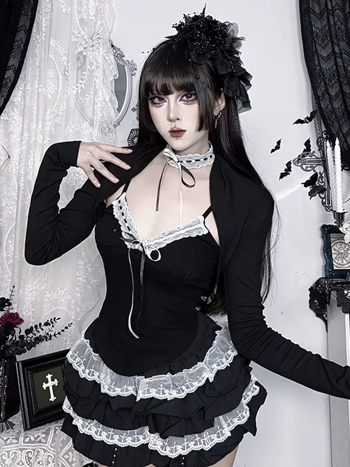 Camisole en dentelle noire Patchwork, hauts à manches longues, T-shirts, ensemble deux pièces, nouve