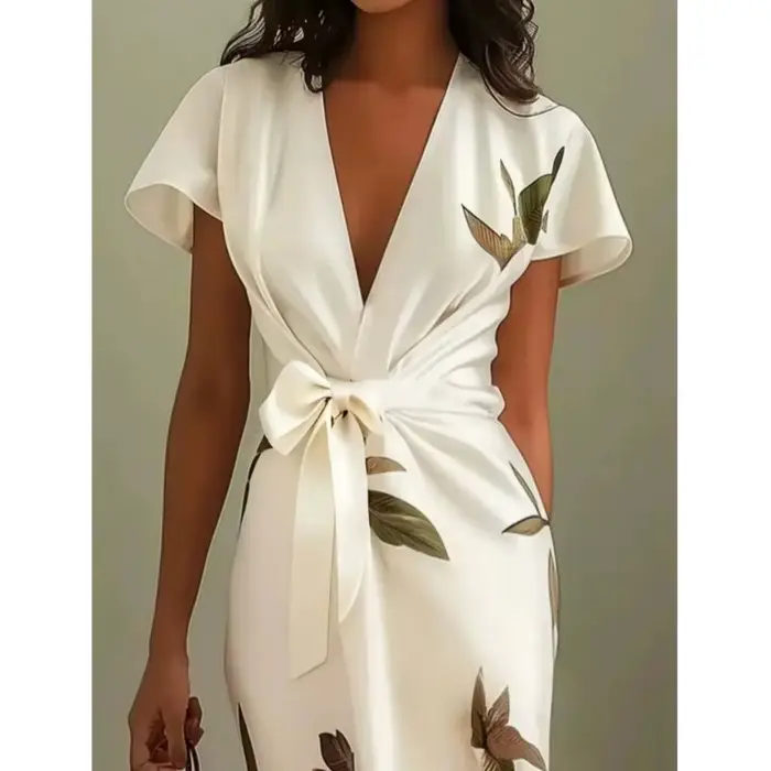 Robe portefeuille mi-longue élégante imprimé floral pour femmes décontractée printemps été ourlet fendu col en V manches courtes