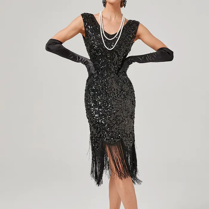 Robe de Soirée Vintage à Paillettes pour Femme Style Élégant, Sans Manches, Polyester, Col Rond, Pour Soirées, Bal, Noël, Fêtes Thématiques Années 1920