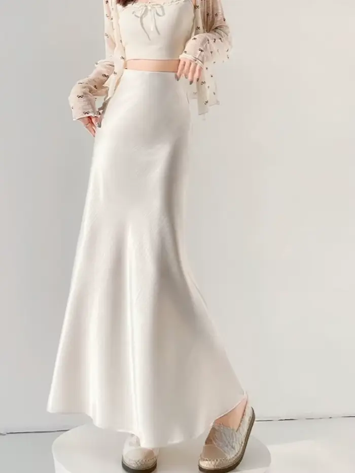Jupe midi élégante en satin taille haute pour femme, style queue de poisson, polyvalente, pour le pr