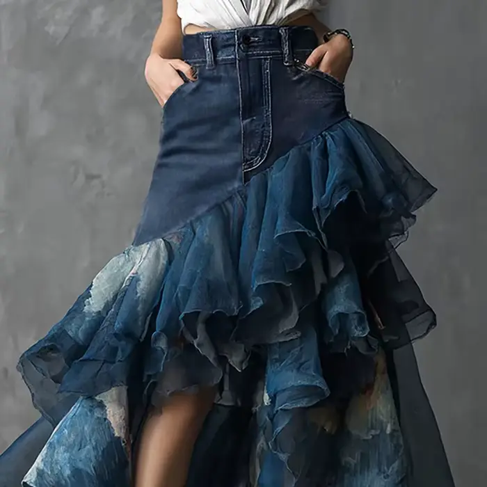 Jupe longue asymétrique en jean et tulle à volants pour femme