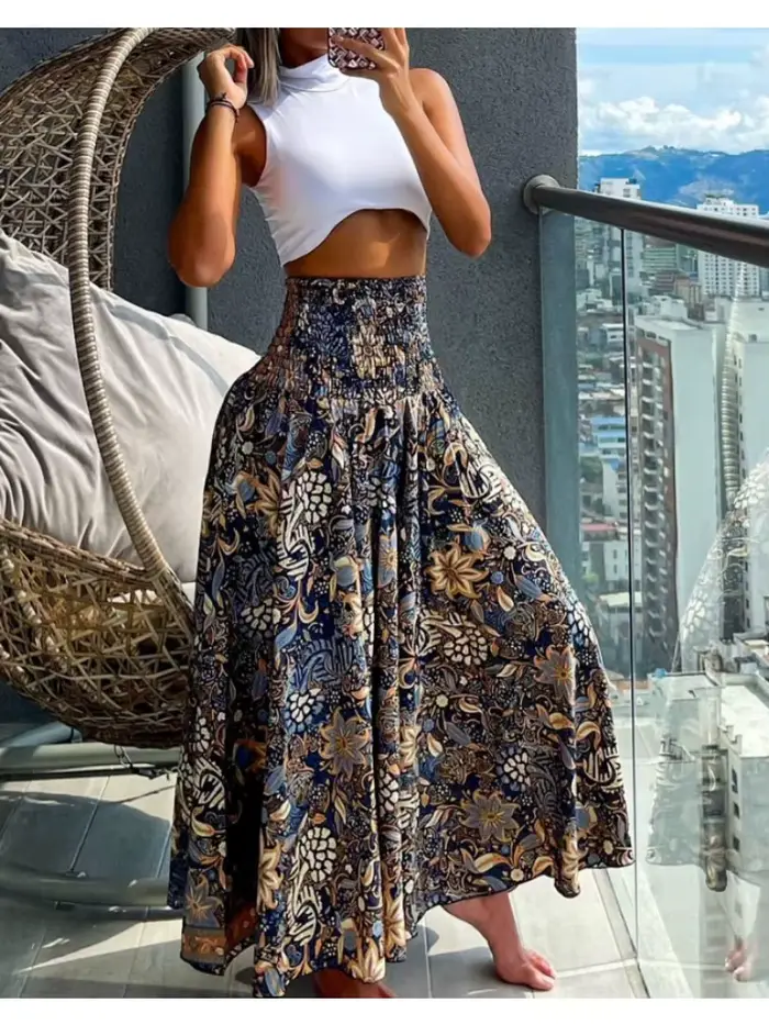 Jupe taille haute élastique bohème pour femmes
