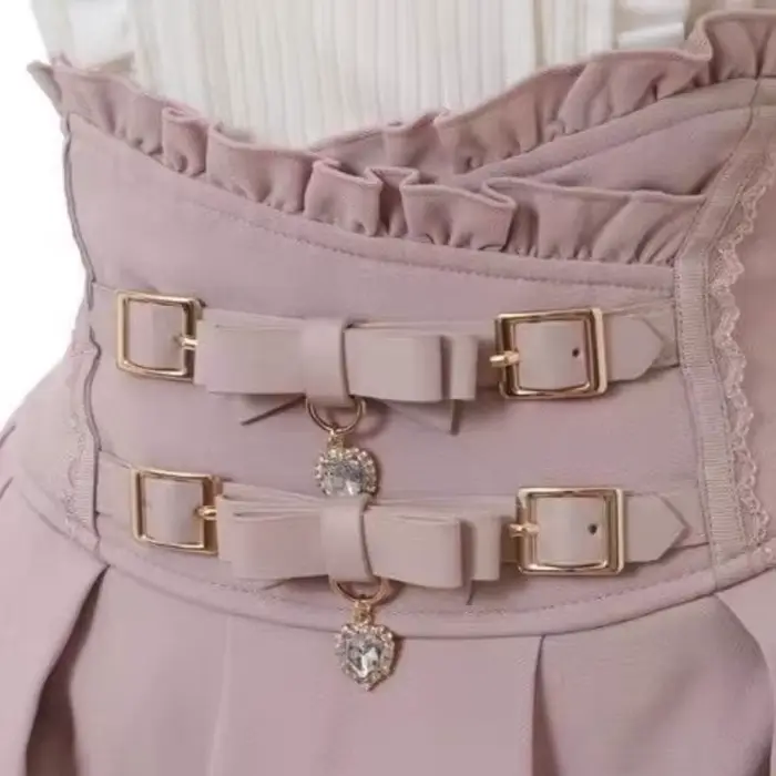 Jirai Kei Sweet Lolita Skort 2024 été-Double nœud papillon taille haute jupe courte avec boucle en cuir coupe ajustée