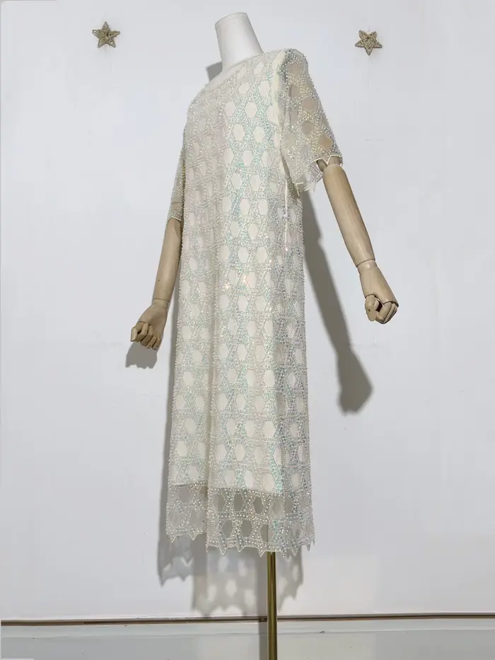 Glamour irisé femmes nouvelle paillettes perle perlée motif géométrique scintillant embelli col rond manches courtes maille robe mi-longue