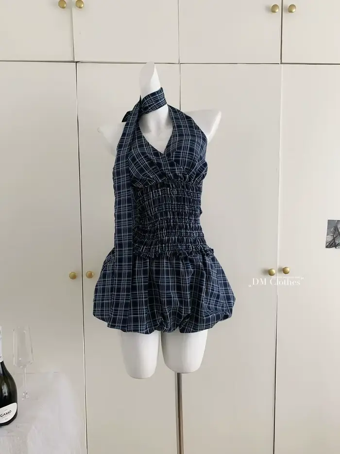 Rétro bleu marine haut à carreaux jupe courte costume femmes été Internet célébrité rue américaine douce fille chaude