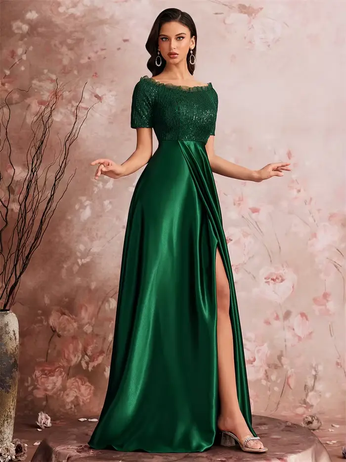 Robe de soirée de luxe en satin vert col en V pour femmes soirées officielles mariages bals cocktail épaules dénudées