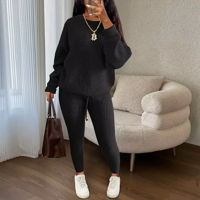 Ensemble deux pièces pull tricoté pour femmes, automne hiver, manches longues, col rond + pantalon s