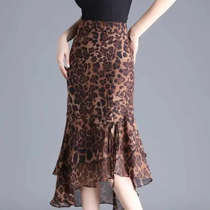 Jupes mi-longues en mousseline de soie pour femmes, taille haute, imprimé léopard, ligne A irréguliè