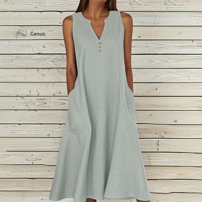 Robe sans manches en coton et lin pour femme 2026 à col en V et coupe évasée pour les occasions estivales et quotidiennes
