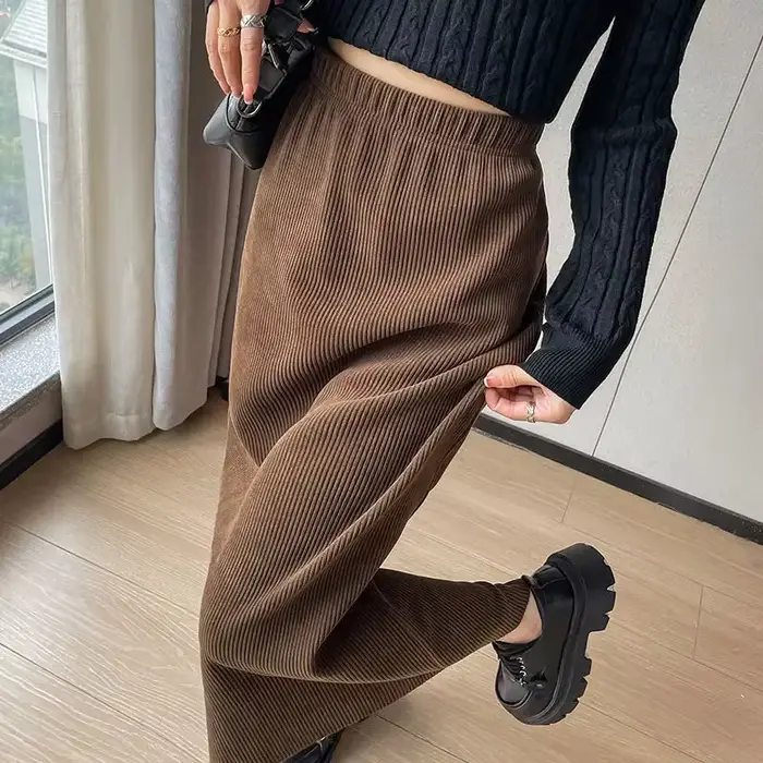 Plus velours jupes droites femmes automne hiver velours côtelé taille haute fendu solide Simple doux