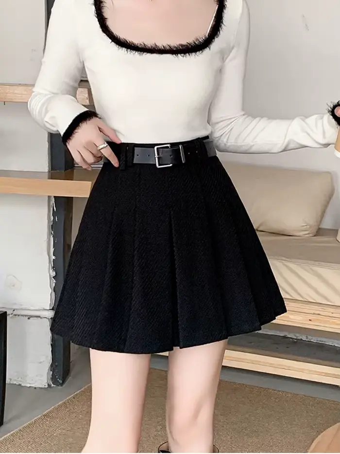 Vintage hiver plissé Mini jupe femmes Streetwear taille haute laine mignon patineuse jupes avec short ceinture gris noir
