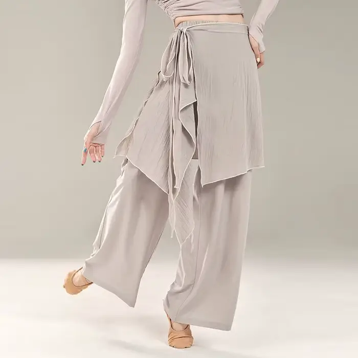 Faux jupe deux pièces pour femmes, pantalon de danse moderne, avec jambes larges, cravate à la taill