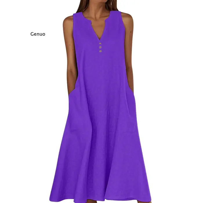 Robe sans manches en coton et lin pour femme 2026 à col en V et coupe évasée pour les occasions estivales et quotidiennes