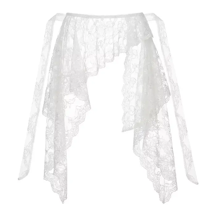 Jupe courte brodée à fleurs avec volants et dentelle, taille haute, ourlet irrégulier, froncée, styl
