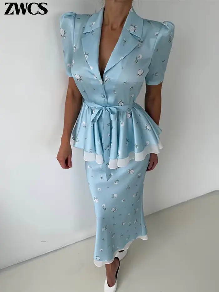Ensemble de jupes pour femmes à imprimé floral et volants, hauts élégants à col en V et manches courtes avec lacet à la taille, jupe longue ajustée, nouvelles tenues 2026 pour soirées officielles