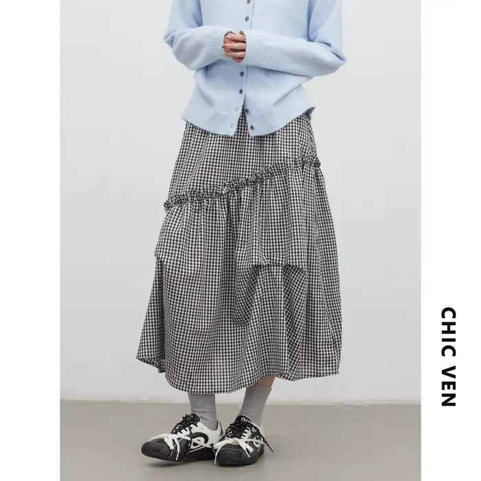 Jupe Femme Chic VEN Taille Haute Coupe Trapèze à Volants Motif Carreaux Noir et Blanc Printemps-Été