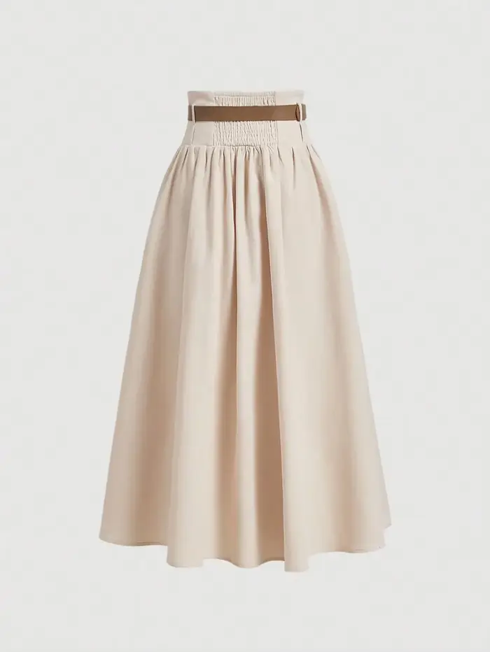 Jupe midi boutonnée taille haute abricot style rétro évasée avec rangée de boutons décoratifs pour femme