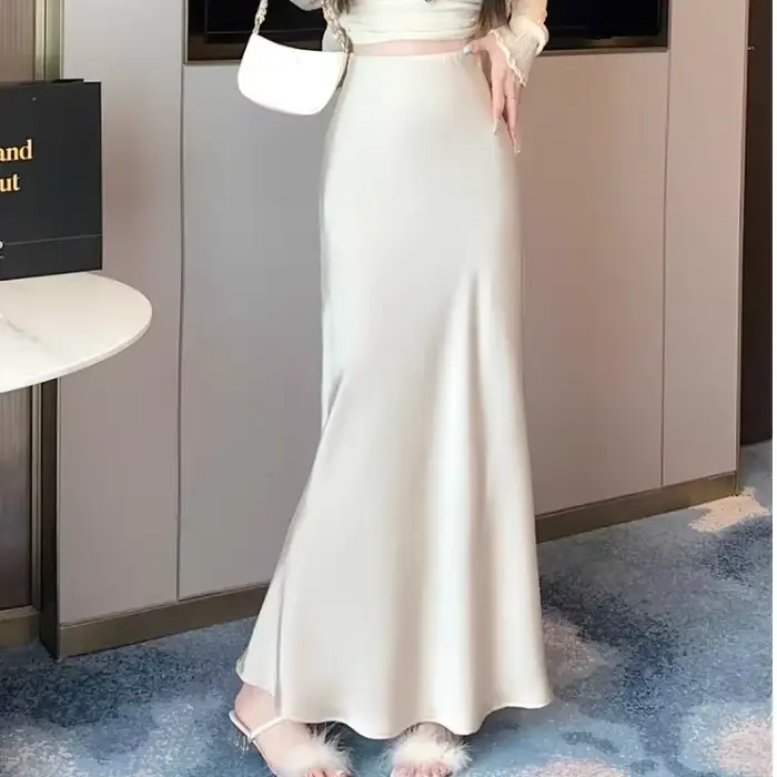 Jupe longue d'été pour femme en soie, taille haute, ajustée, en satin, style coréen, couleur unie, c