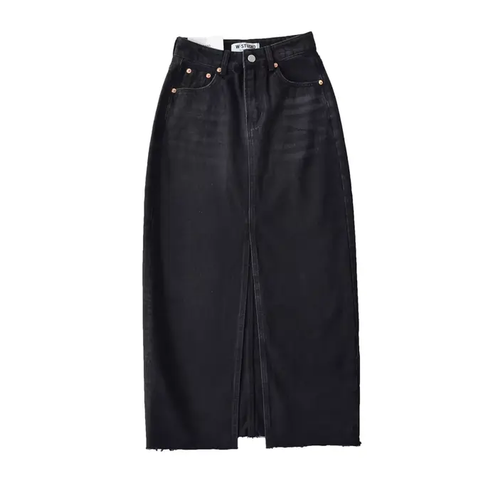 Jupe longue en jean à taille haute pour femmes, mode coréenne, été, vêtements vintage, denim, noir, 