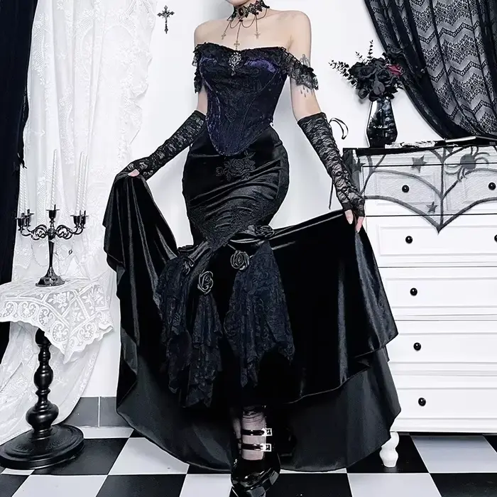 Mall Goth velours queue de poisson jupe femmes Vintage Jacquard hanche enveloppement fée Grunge