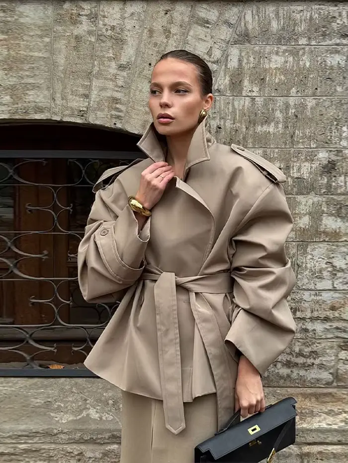 Trench court à lacets pour femmes kaki vintage col rabattu épaulettes manches longues chic vestes printemps été