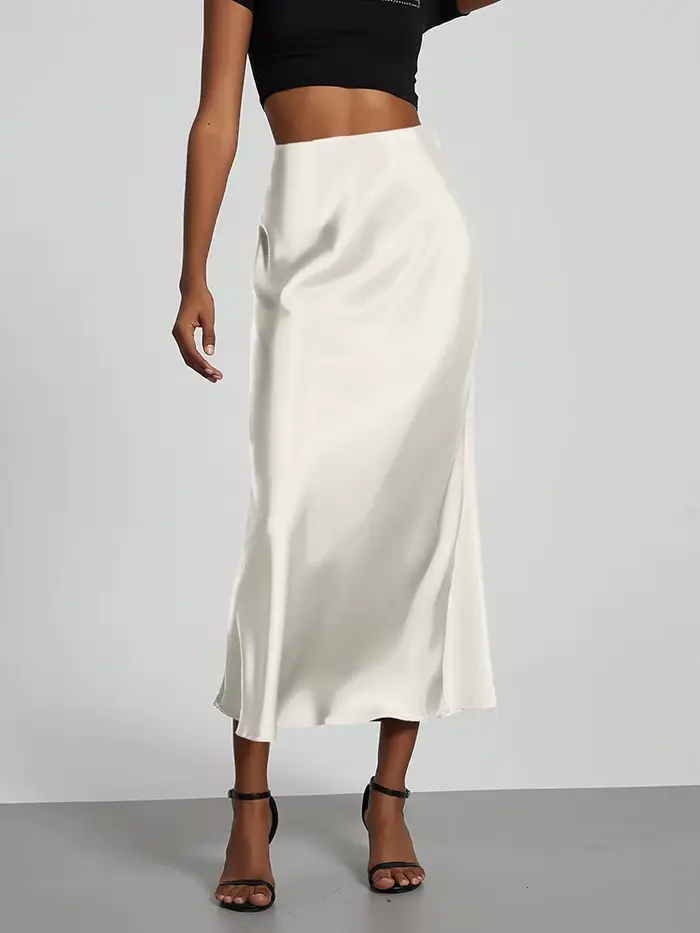 Mode Satin fête jupe longue taille haute couleur unie décontracté basique femmes jupes queue de pois