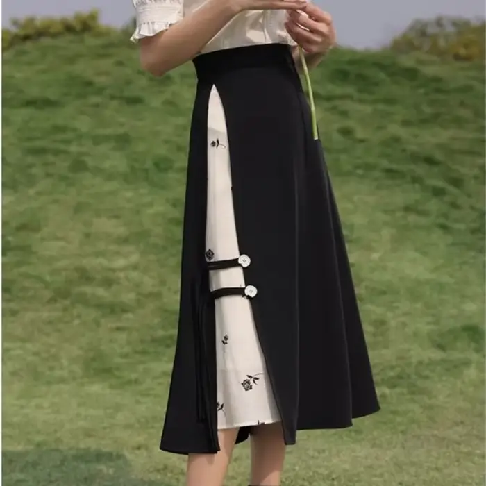 Jupes taille haute de style chinois pour femmes, jupe trapèze épissée, imprimé floral, mode d'été, n