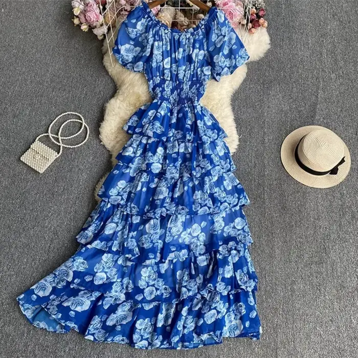 Robe longue à volants imprimé floral pour femme manches bouffantes col carré coupe trapèze été vacances occasions spéciales