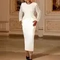 Robe de soirée mi-longue à manches longues pour femmes, robes blanches formelles, col rond, glands,